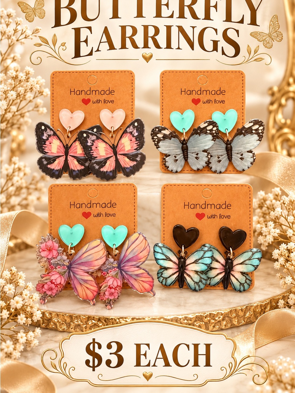 Handmade Kids Butterfly Earrings — Pink, Blue, Teal, Black Options